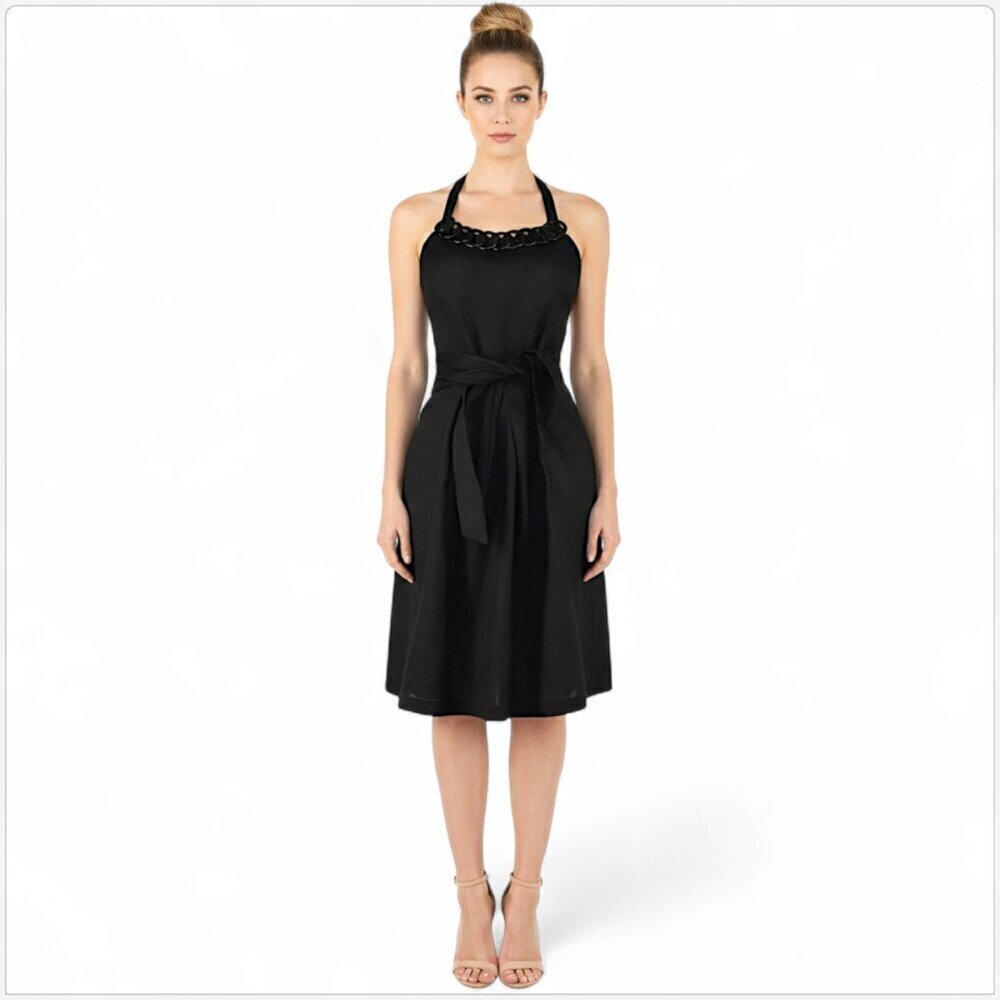 Lafayette 148 NY Black Linen Halter O Ring Chain Neck Tie Belt Summer Dress 2